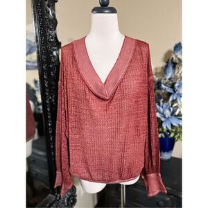 We The Free Burgundy Off the Shoulder Long Sleeve Waffle Knit Burn Out Blouse Si